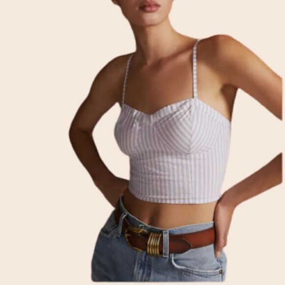 Anthropologie Bustier Top Striped Seersucker Printed Sleeveless Crop Top Size 1x - Picture 1 of 11